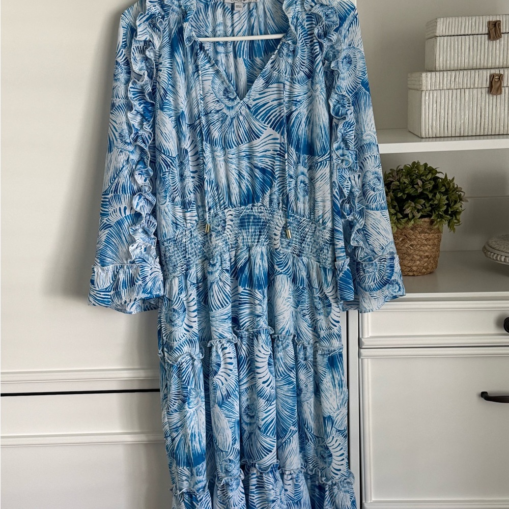 Chico's Blue and White Long Sleeve Coastal Beach Dress NWOT